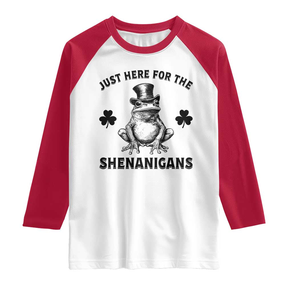 Funny St Patrick's Day Just Here For The Shenanigans Raglan Shirt Frog Shamrock