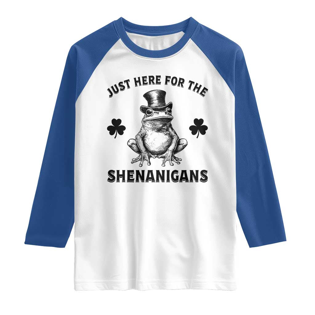 Funny St Patrick's Day Just Here For The Shenanigans Raglan Shirt Frog Shamrock