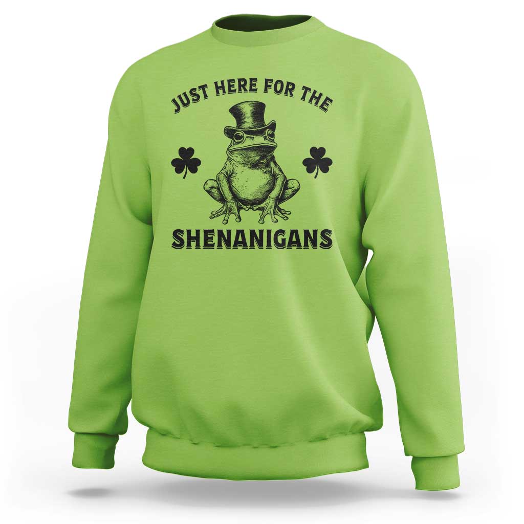 Funny St Patrick's Day Just Here For The Shenanigans Sweatshirt Frog Shamrock