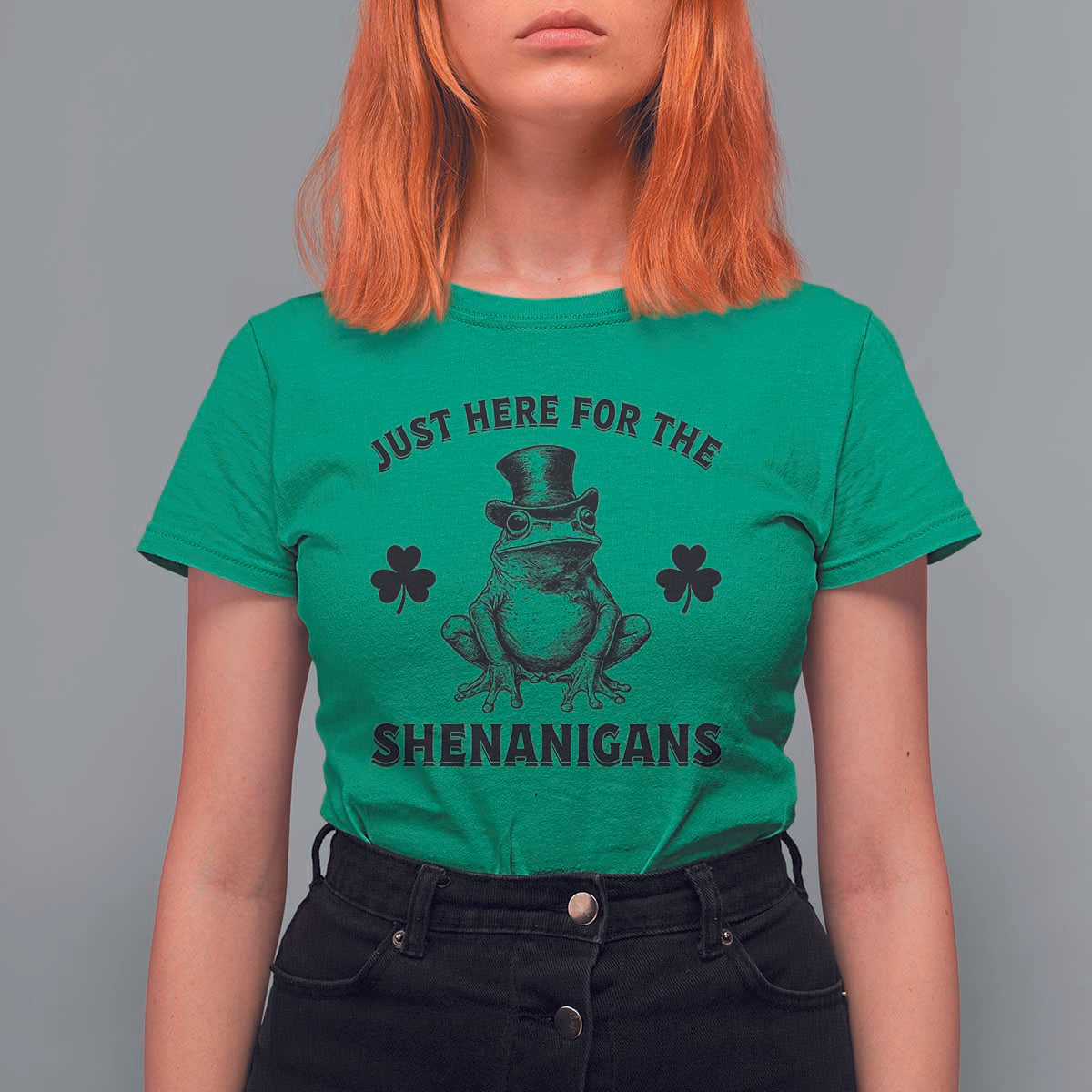 Funny St Patrick's Day Just Here For The Shenanigans T Shirt For Women Frog Shamrock