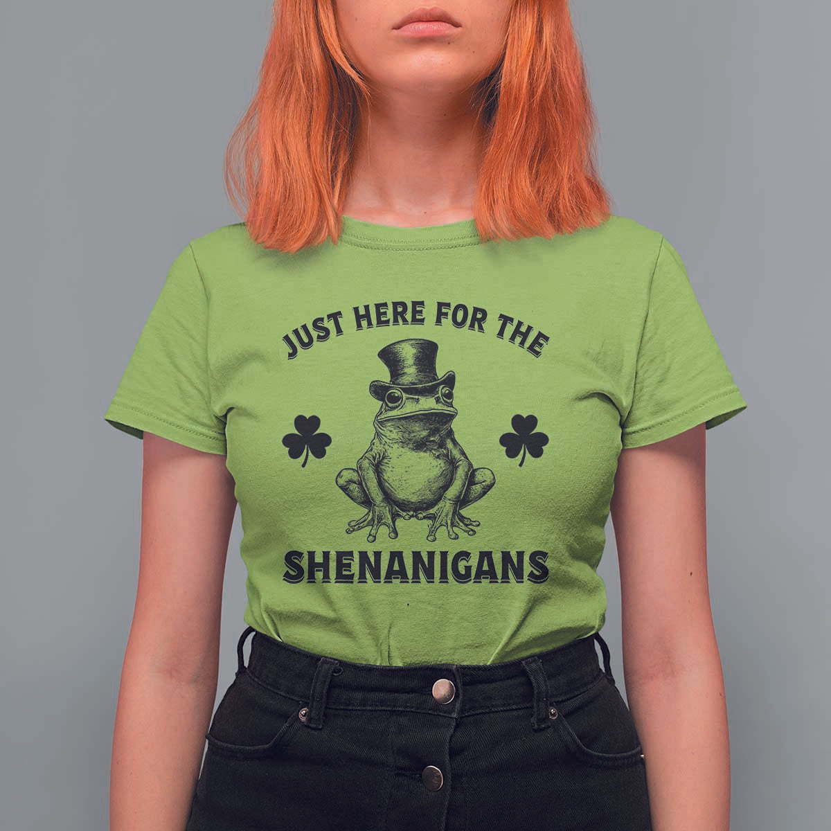 Funny St Patrick's Day Just Here For The Shenanigans T Shirt For Women Frog Shamrock