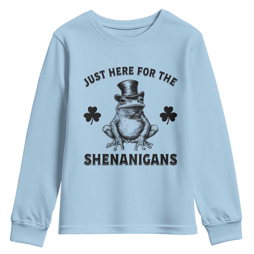 Funny St Patrick's Day Just Here For The Shenanigans Youth Sweatshirt Frog Shamrock