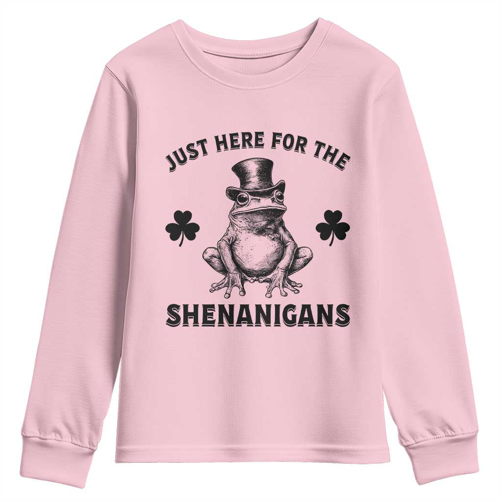 Funny St Patrick's Day Just Here For The Shenanigans Youth Sweatshirt Frog Shamrock