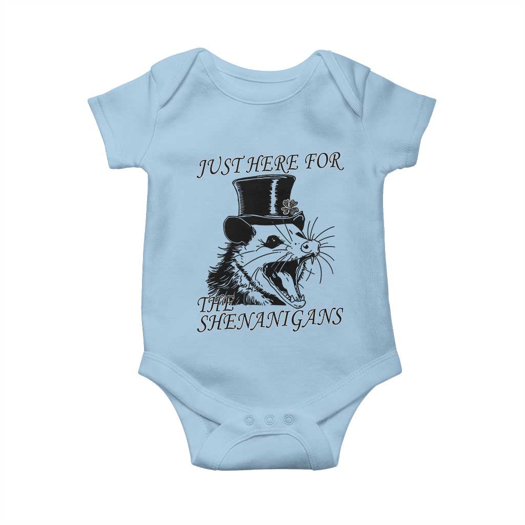Funny St Patrick's Day Opossum Baby Onesie Just Here For The Shenanigans Shamrock