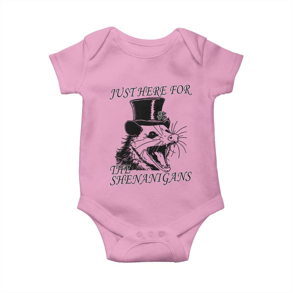 Funny St Patrick's Day Opossum Baby Onesie Just Here For The Shenanigans Shamrock