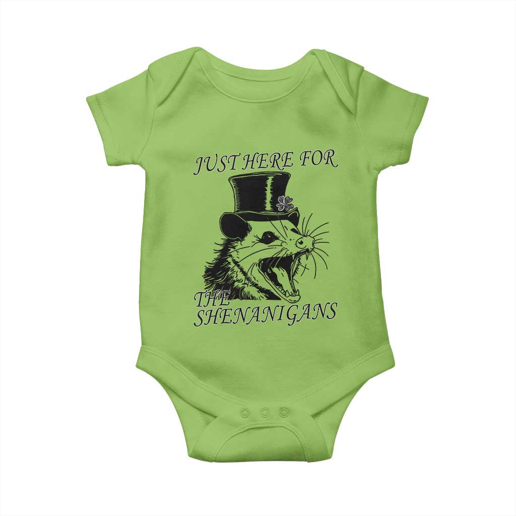 Funny St Patrick's Day Opossum Baby Onesie Just Here For The Shenanigans Shamrock