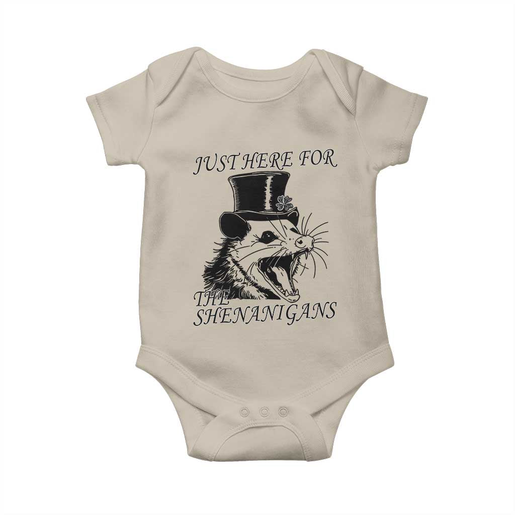 Funny St Patrick's Day Opossum Baby Onesie Just Here For The Shenanigans Shamrock