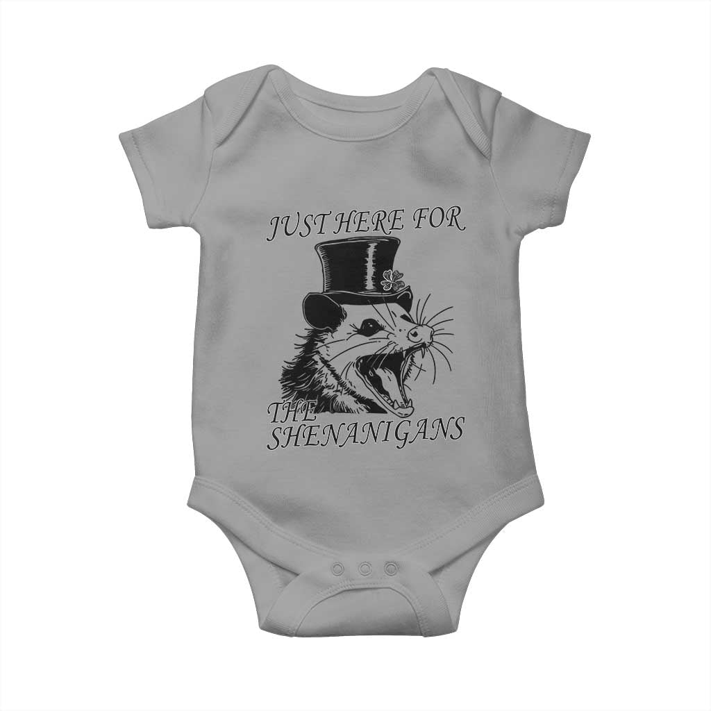 Funny St Patrick's Day Opossum Baby Onesie Just Here For The Shenanigans Shamrock