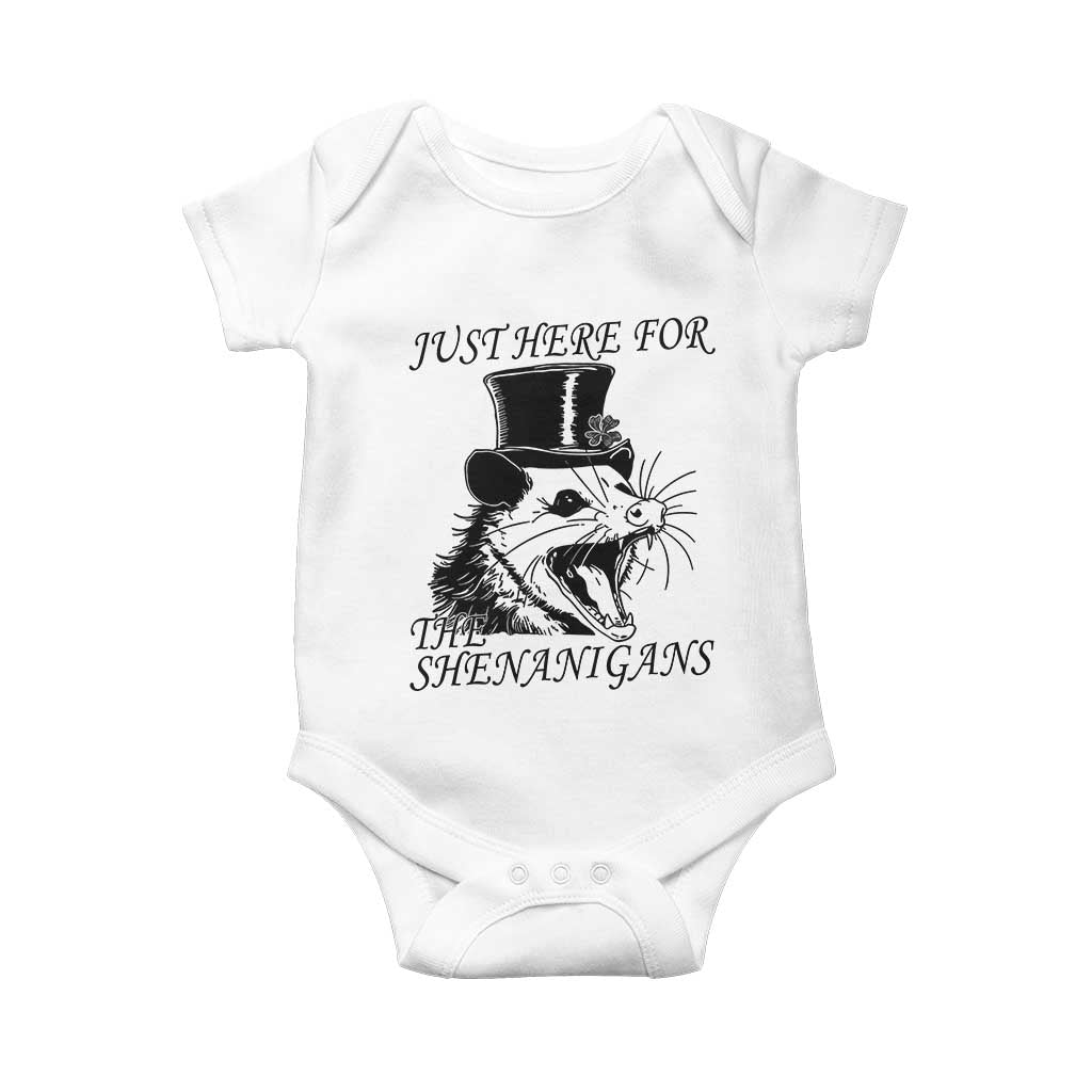 Funny St Patrick's Day Opossum Baby Onesie Just Here For The Shenanigans Shamrock