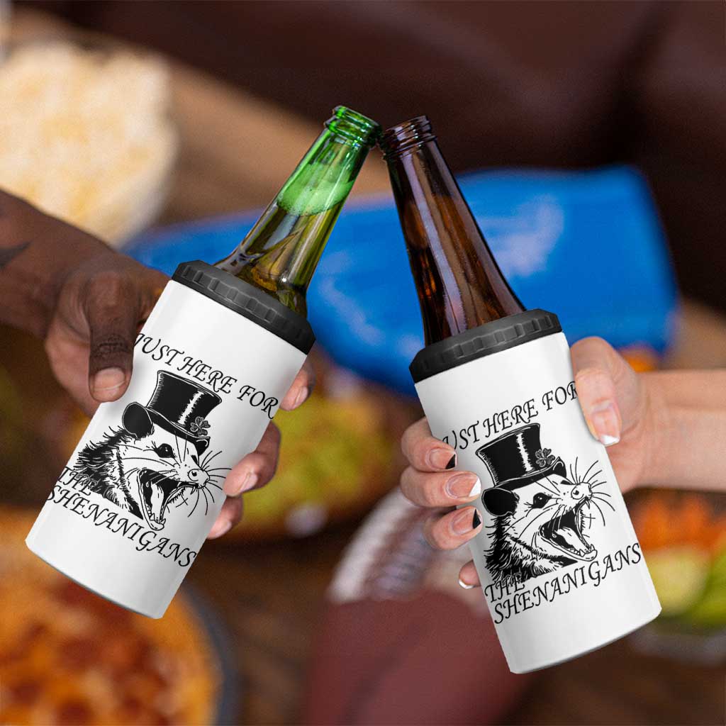 Funny St Patrick's Day Opossum 4 in 1 Can Cooler Tumbler Just Here For The Shenanigans Shamrock