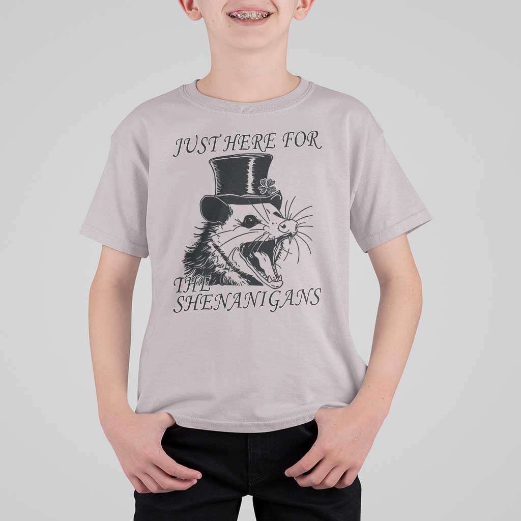 Funny St Patrick's Day Opossum T Shirt For Kid Just Here For The Shenanigans Shamrock