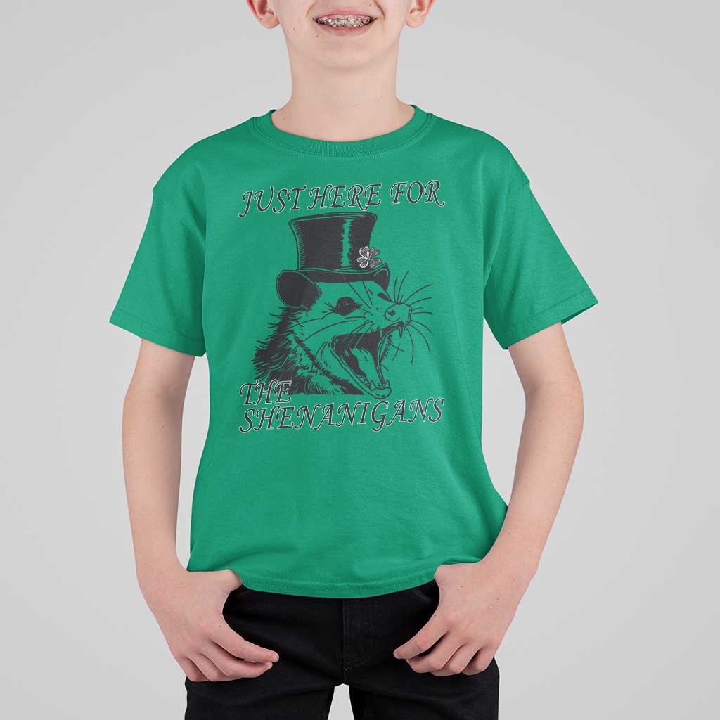 Funny St Patrick's Day Opossum T Shirt For Kid Just Here For The Shenanigans Shamrock
