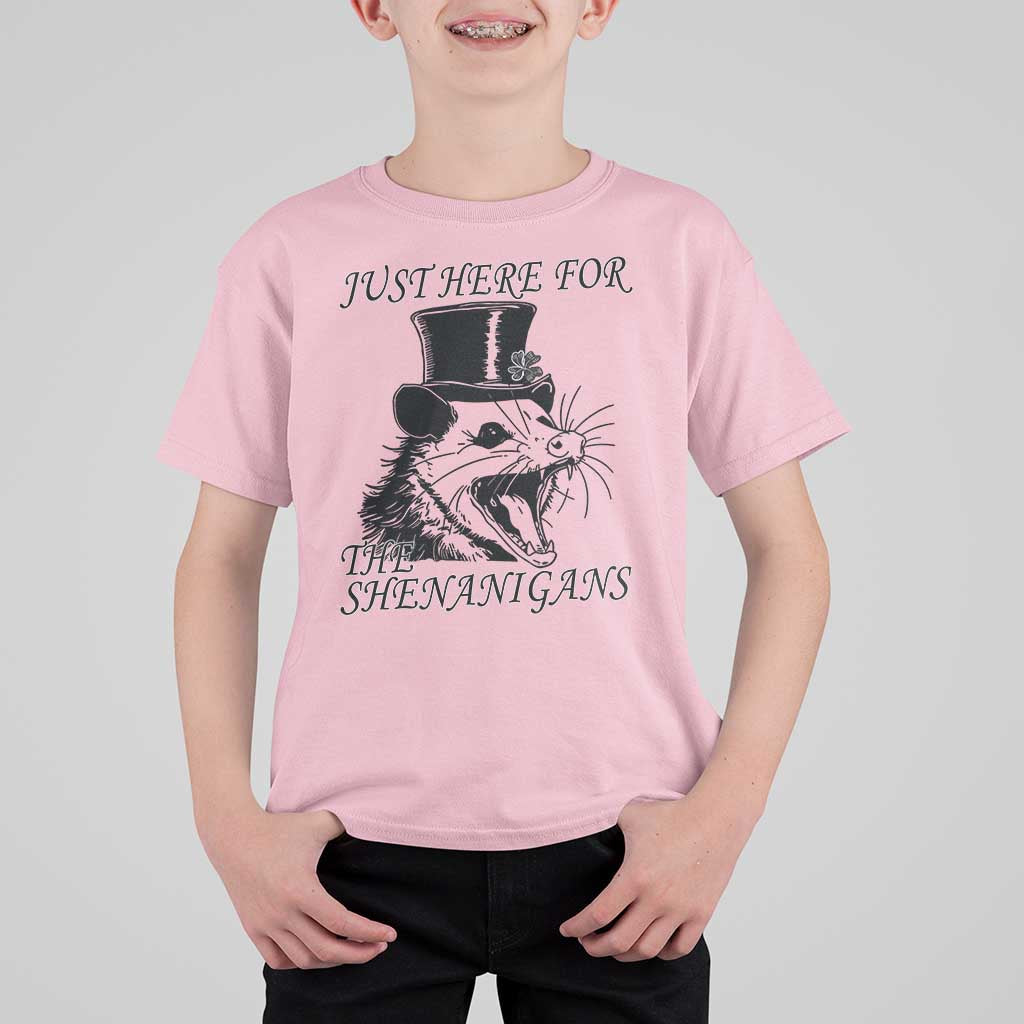 Funny St Patrick's Day Opossum T Shirt For Kid Just Here For The Shenanigans Shamrock