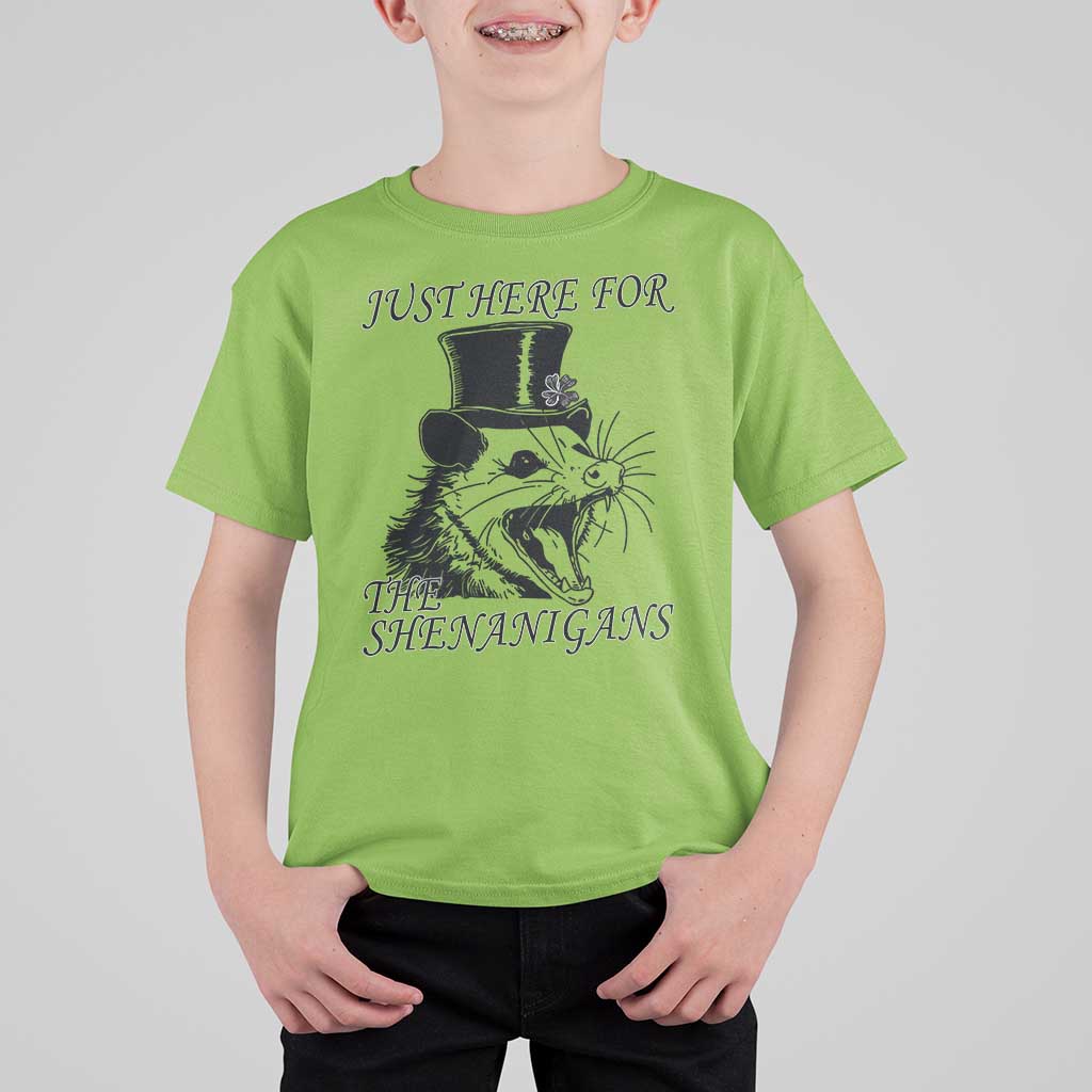 Funny St Patrick's Day Opossum T Shirt For Kid Just Here For The Shenanigans Shamrock