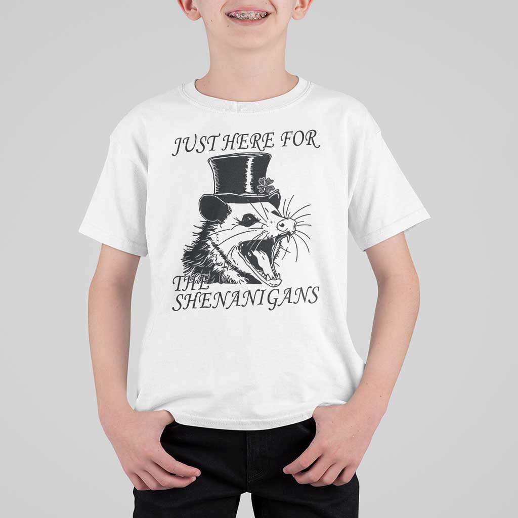 Funny St Patrick's Day Opossum T Shirt For Kid Just Here For The Shenanigans Shamrock
