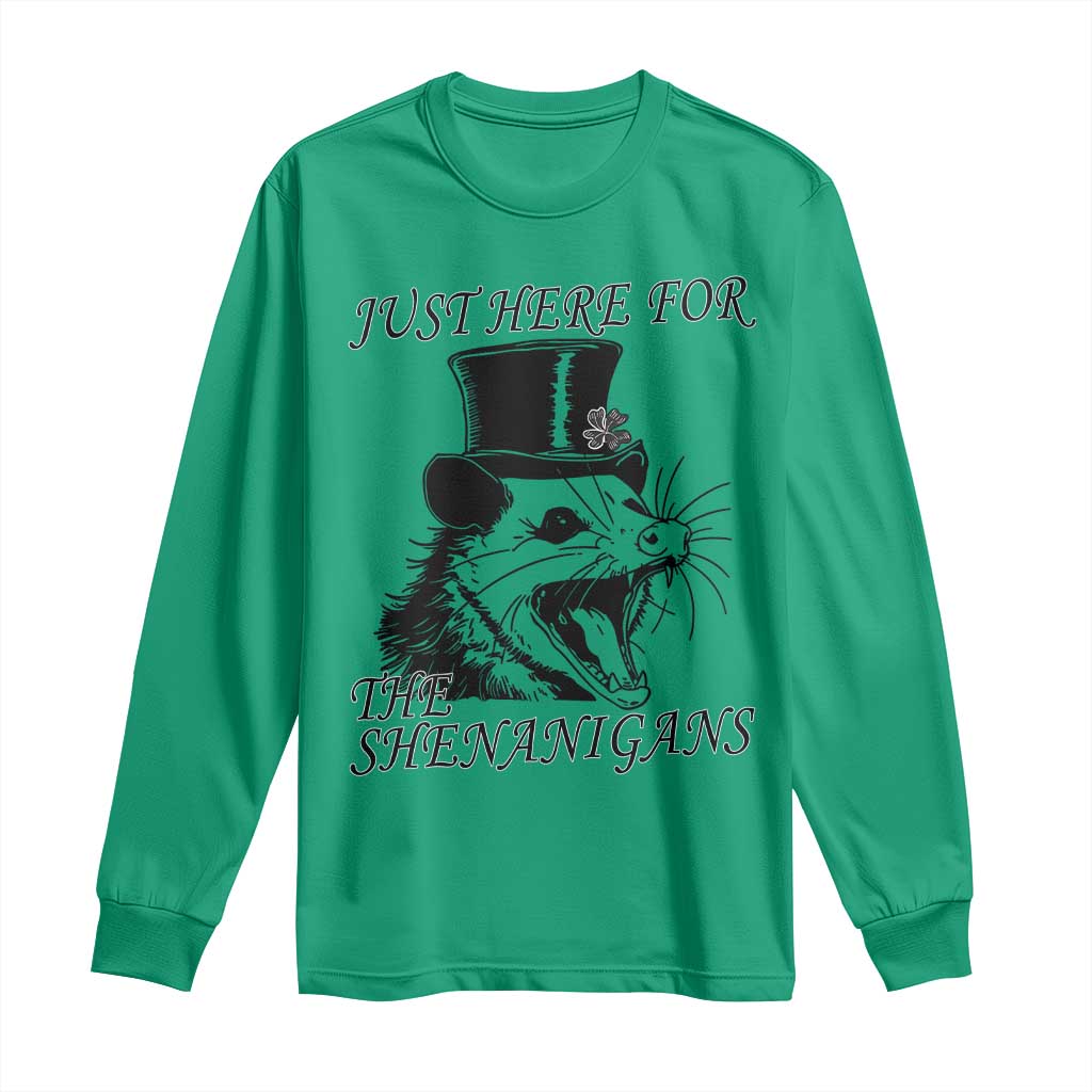Funny St Patrick's Day Opossum Long Sleeve Shirt Just Here For The Shenanigans Shamrock