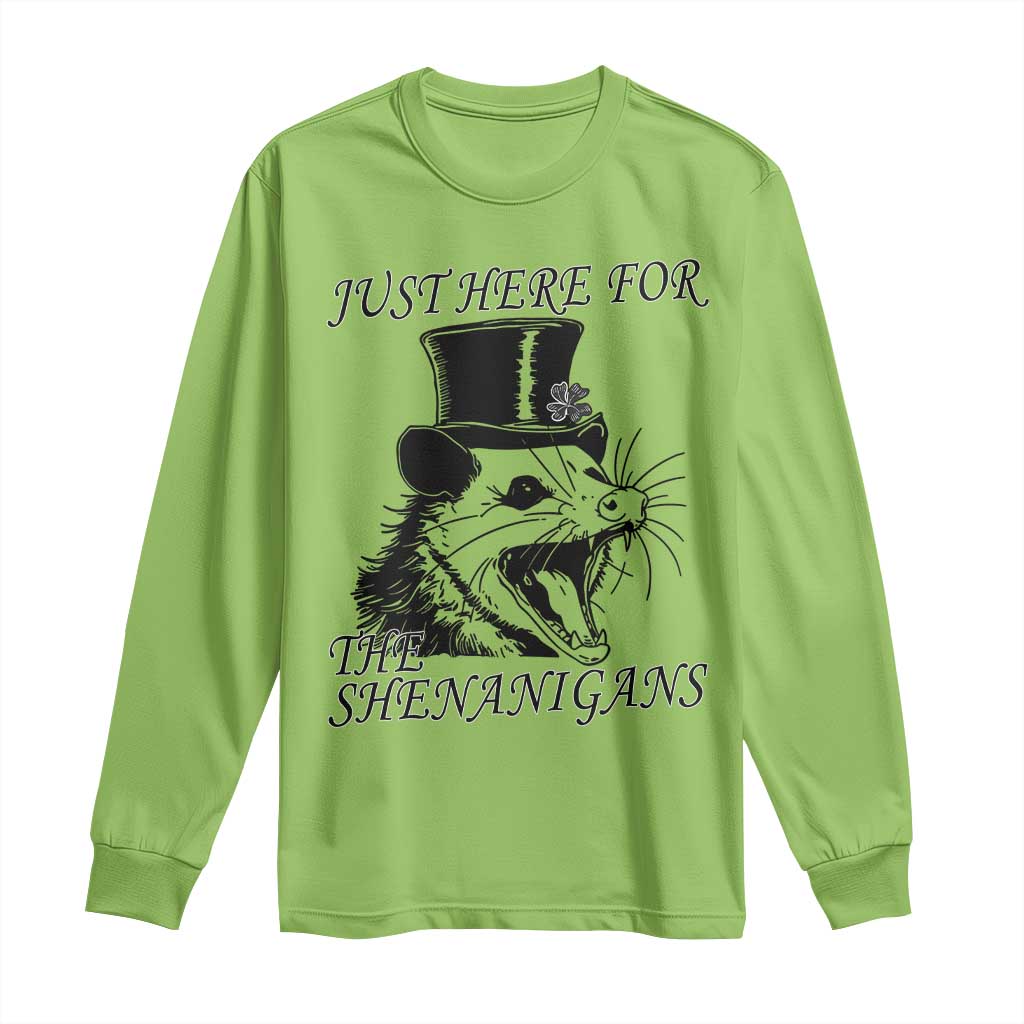 Funny St Patrick's Day Opossum Long Sleeve Shirt Just Here For The Shenanigans Shamrock