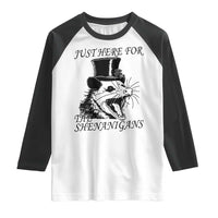 Funny St Patrick's Day Opossum Raglan Shirt Just Here For The Shenanigans Shamrock