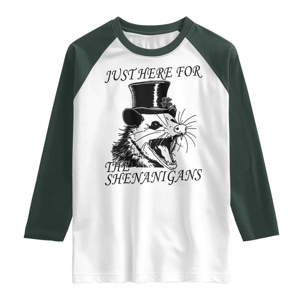 Funny St Patrick's Day Opossum Raglan Shirt Just Here For The Shenanigans Shamrock