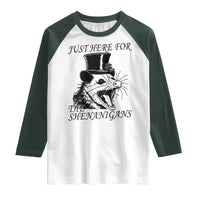Funny St Patrick's Day Opossum Raglan Shirt Just Here For The Shenanigans Shamrock