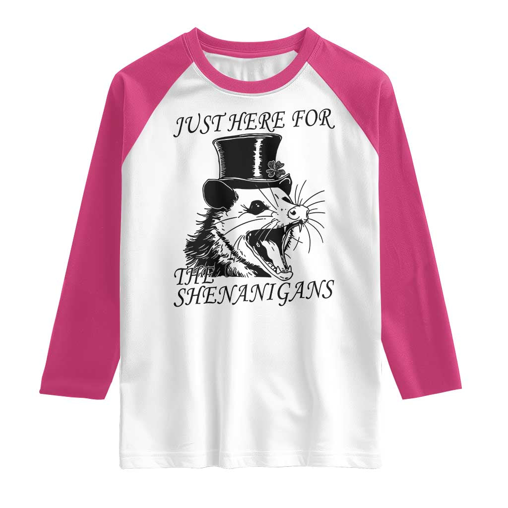 Funny St Patrick's Day Opossum Raglan Shirt Just Here For The Shenanigans Shamrock
