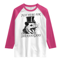 Funny St Patrick's Day Opossum Raglan Shirt Just Here For The Shenanigans Shamrock