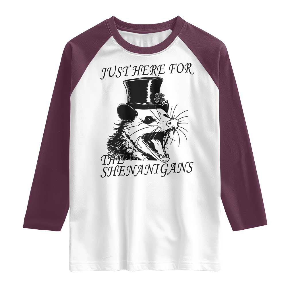Funny St Patrick's Day Opossum Raglan Shirt Just Here For The Shenanigans Shamrock
