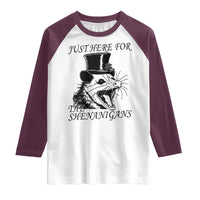 Funny St Patrick's Day Opossum Raglan Shirt Just Here For The Shenanigans Shamrock