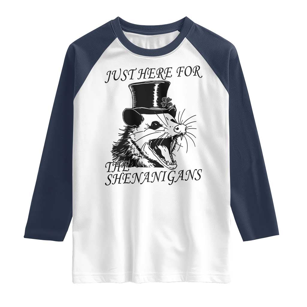 Funny St Patrick's Day Opossum Raglan Shirt Just Here For The Shenanigans Shamrock