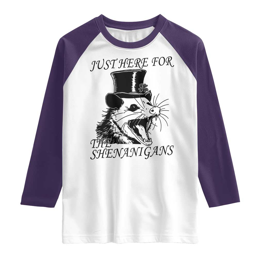 Funny St Patrick's Day Opossum Raglan Shirt Just Here For The Shenanigans Shamrock