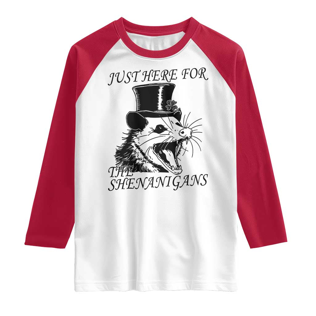 Funny St Patrick's Day Opossum Raglan Shirt Just Here For The Shenanigans Shamrock