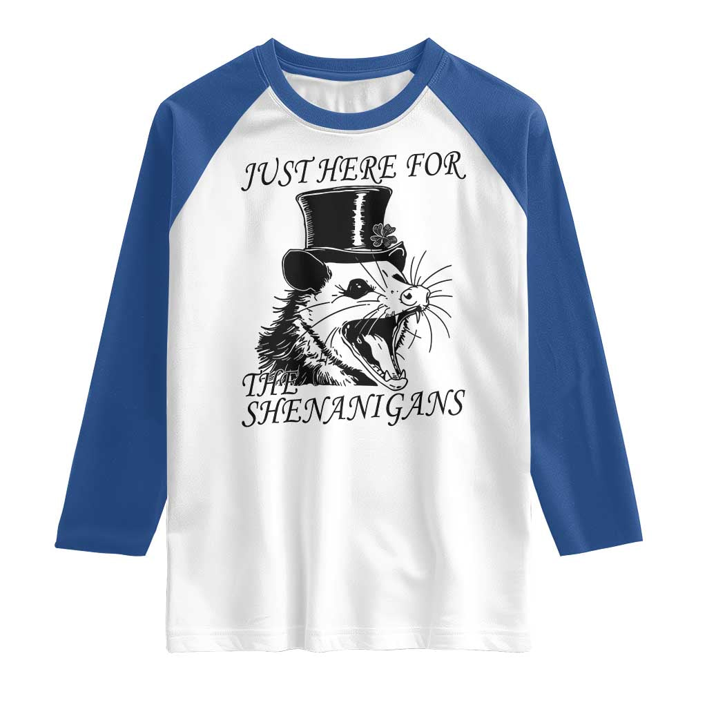 Funny St Patrick's Day Opossum Raglan Shirt Just Here For The Shenanigans Shamrock