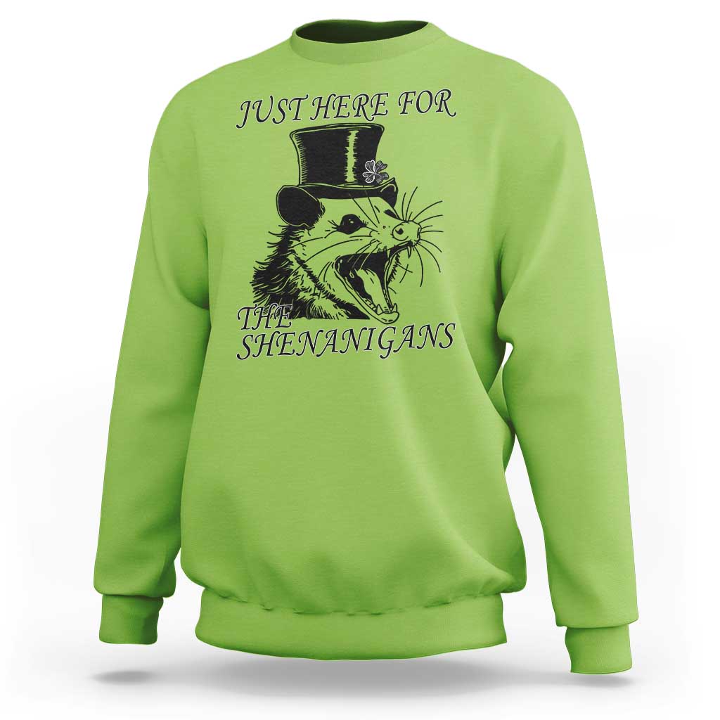 Funny St Patrick's Day Opossum Sweatshirt Just Here For The Shenanigans Shamrock