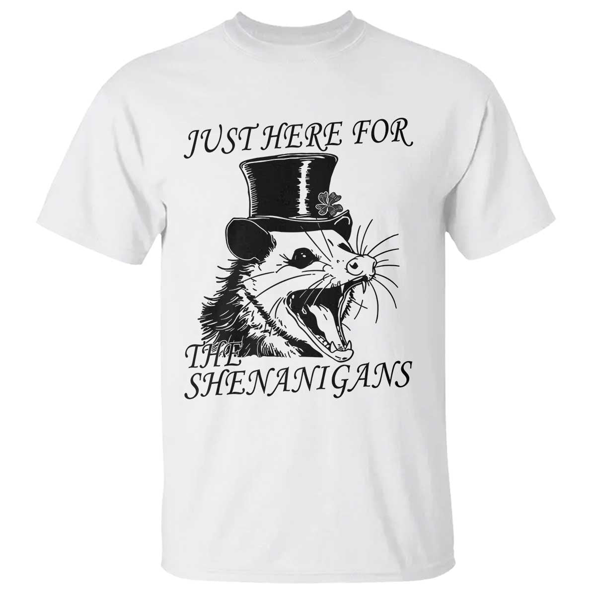 Funny St Patrick's Day Opossum T Shirt Just Here For The Shenanigans Shamrock