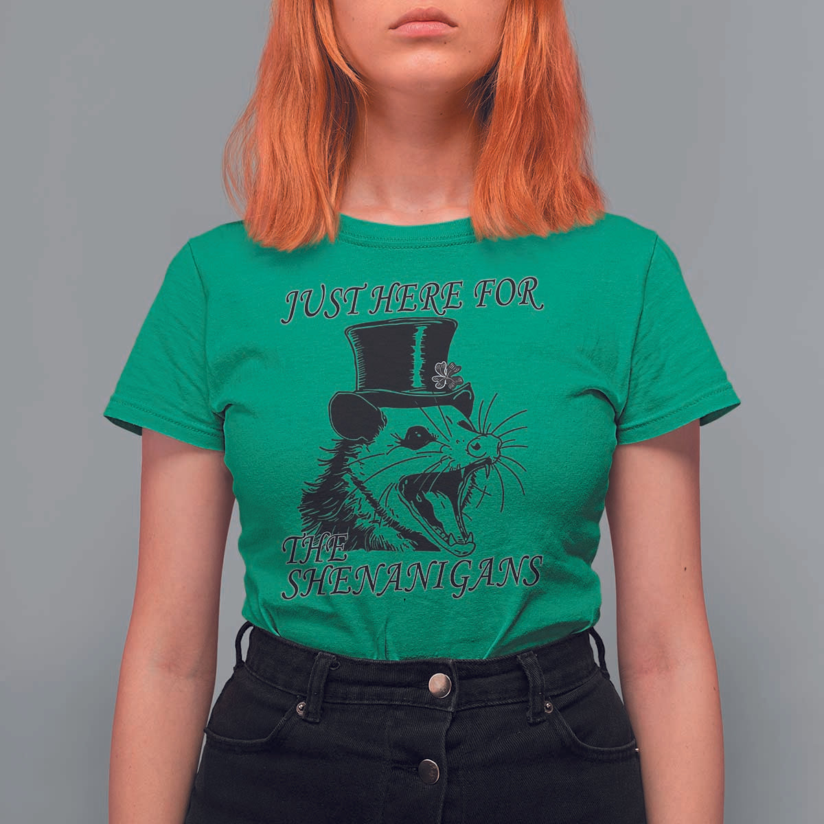 Funny St Patrick's Day Opossum T Shirt For Women Just Here For The Shenanigans Shamrock
