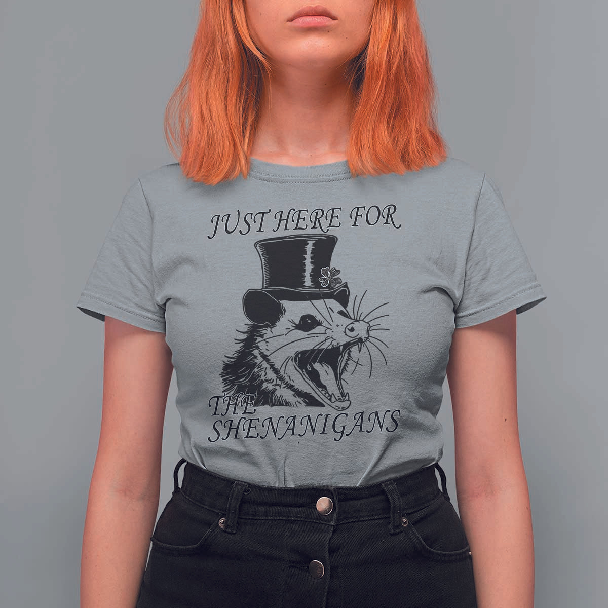 Funny St Patrick's Day Opossum T Shirt For Women Just Here For The Shenanigans Shamrock