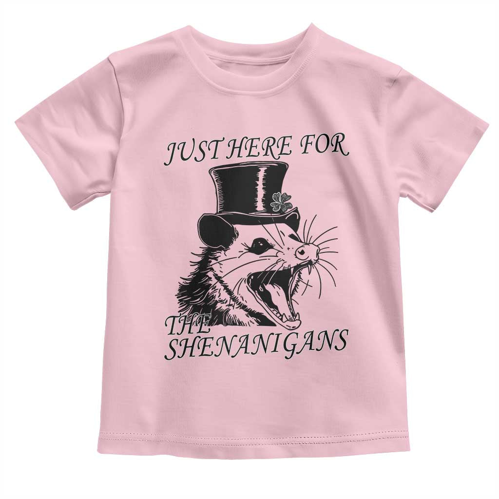 Funny St Patrick's Day Opossum Toddler T Shirt Just Here For The Shenanigans Shamrock