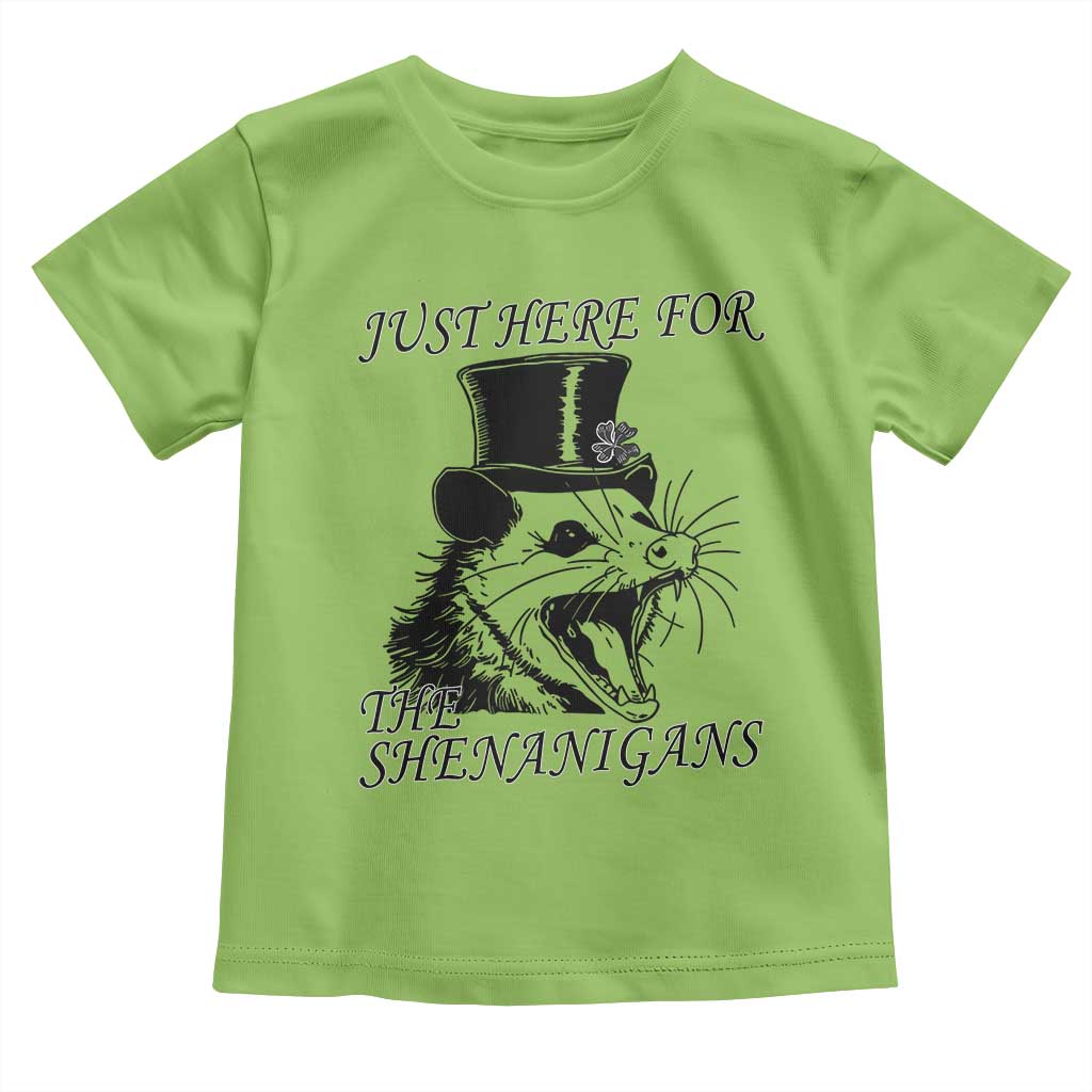 Funny St Patrick's Day Opossum Toddler T Shirt Just Here For The Shenanigans Shamrock