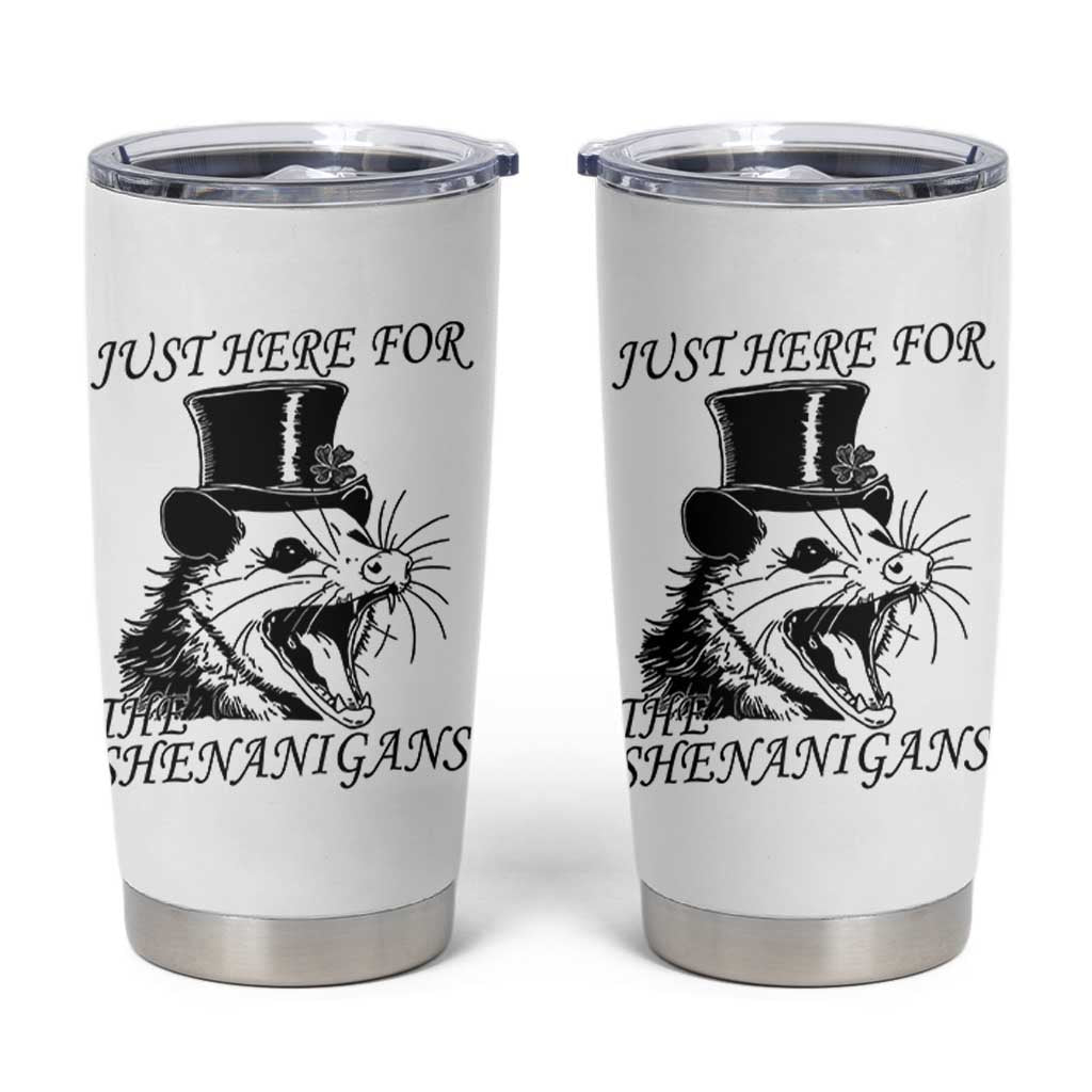 Funny St Patrick's Day Opossum Tumbler Cup Just Here For The Shenanigans Shamrock