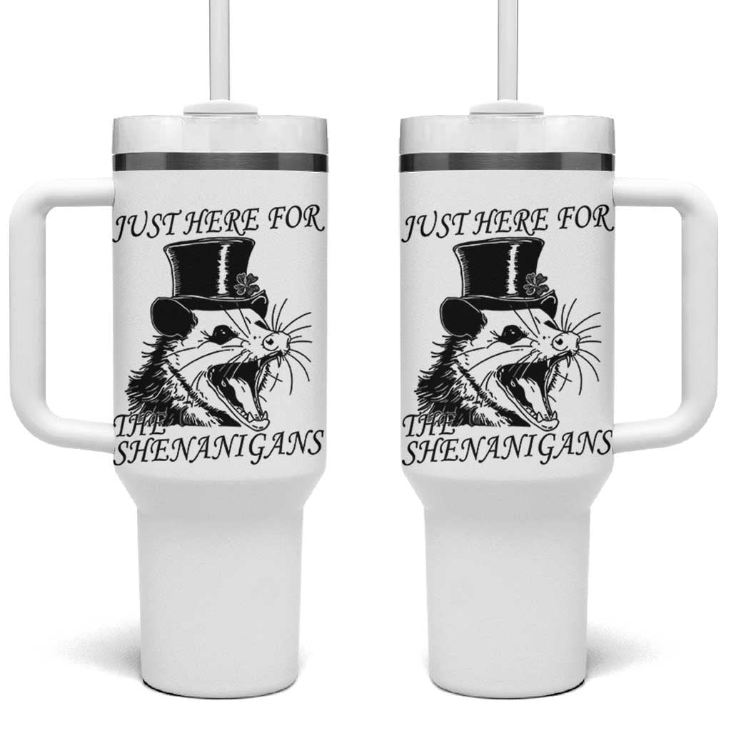 Funny St Patrick's Day Opossum Tumbler With Handle Just Here For The Shenanigans Shamrock