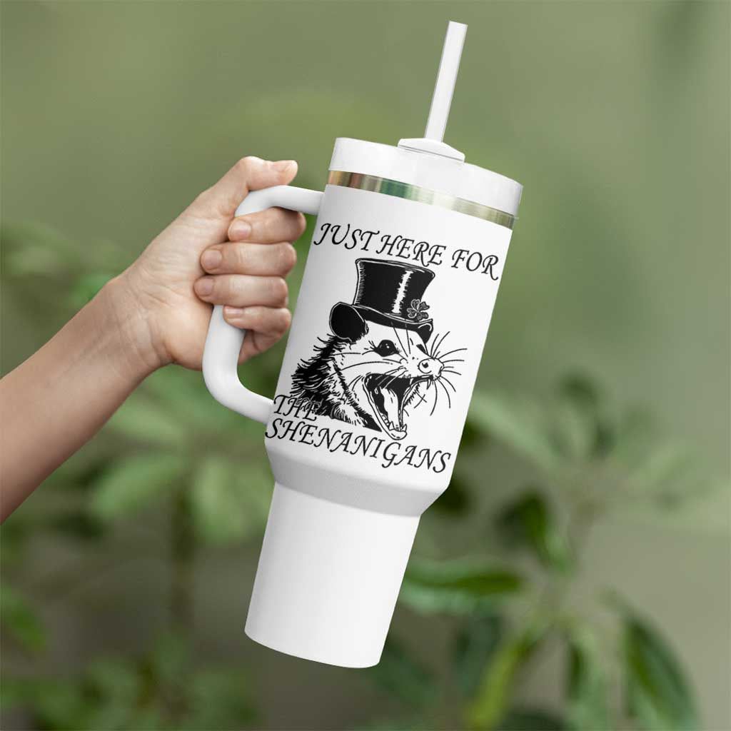 Funny St Patrick's Day Opossum Tumbler With Handle Just Here For The Shenanigans Shamrock