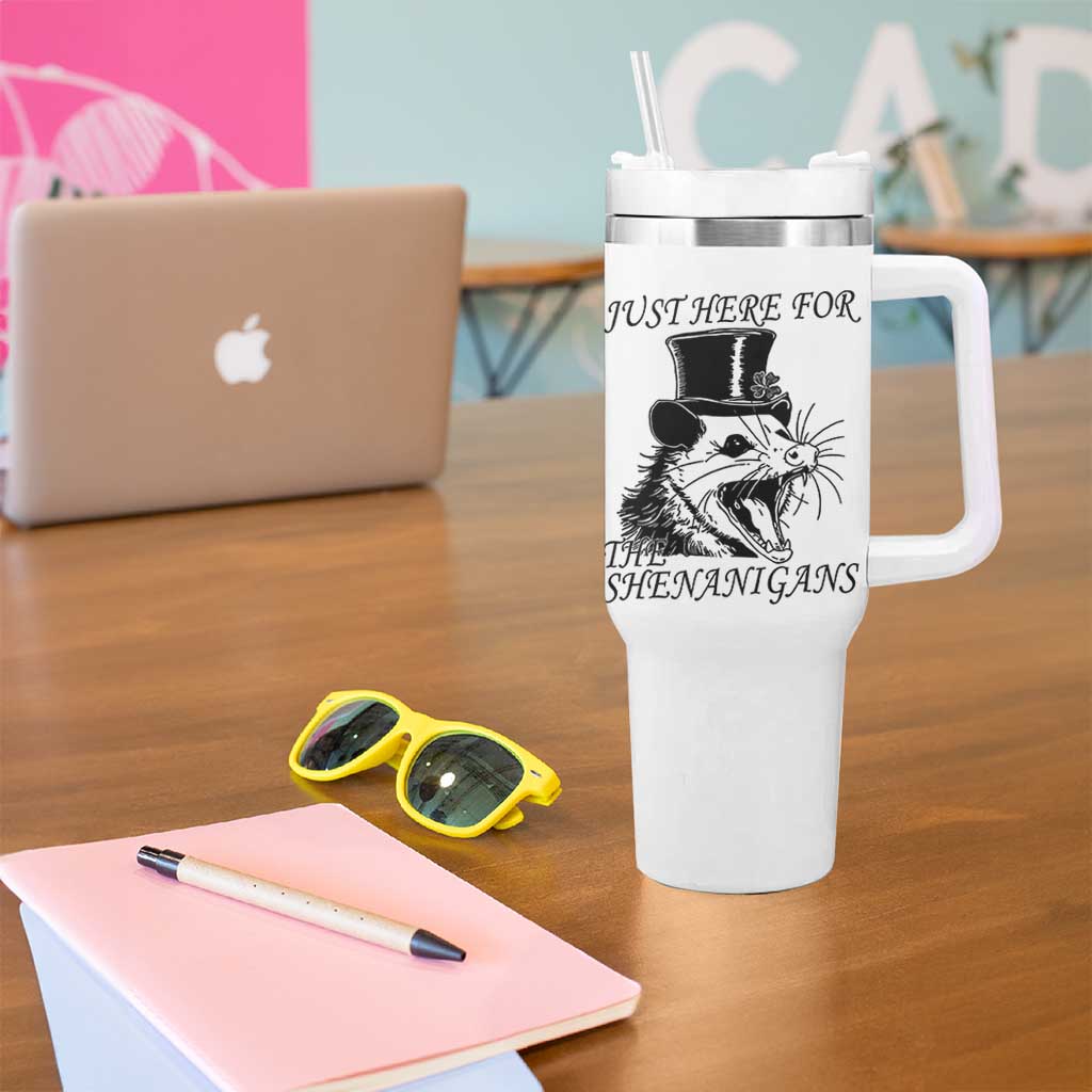 Funny St Patrick's Day Opossum Tumbler With Handle Just Here For The Shenanigans Shamrock