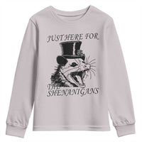 Funny St Patrick's Day Opossum Youth Sweatshirt Just Here For The Shenanigans Shamrock
