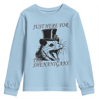 Funny St Patrick's Day Opossum Youth Sweatshirt Just Here For The Shenanigans Shamrock