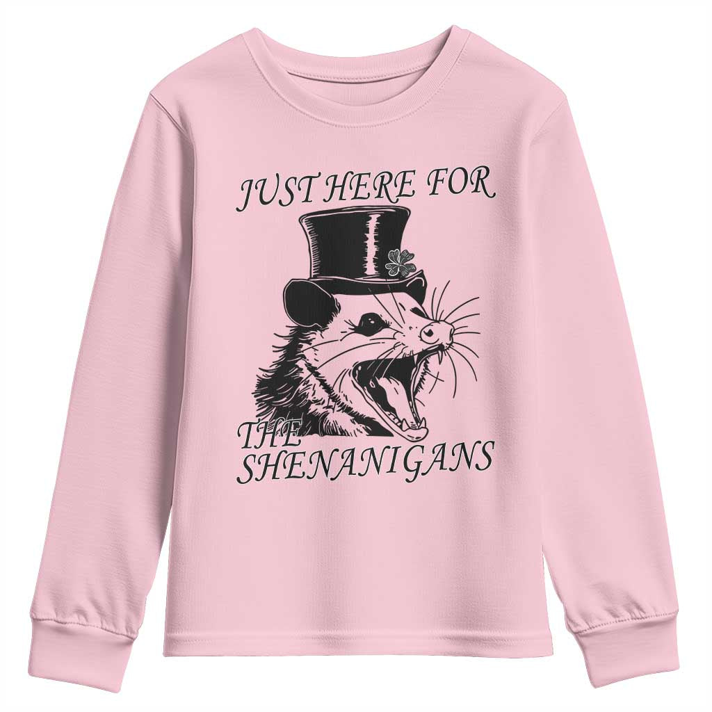 Funny St Patrick's Day Opossum Youth Sweatshirt Just Here For The Shenanigans Shamrock