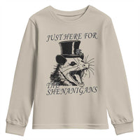 Funny St Patrick's Day Opossum Youth Sweatshirt Just Here For The Shenanigans Shamrock