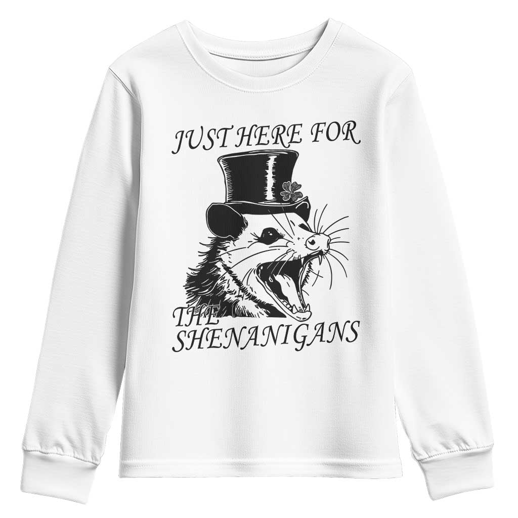 Funny St Patrick's Day Opossum Youth Sweatshirt Just Here For The Shenanigans Shamrock