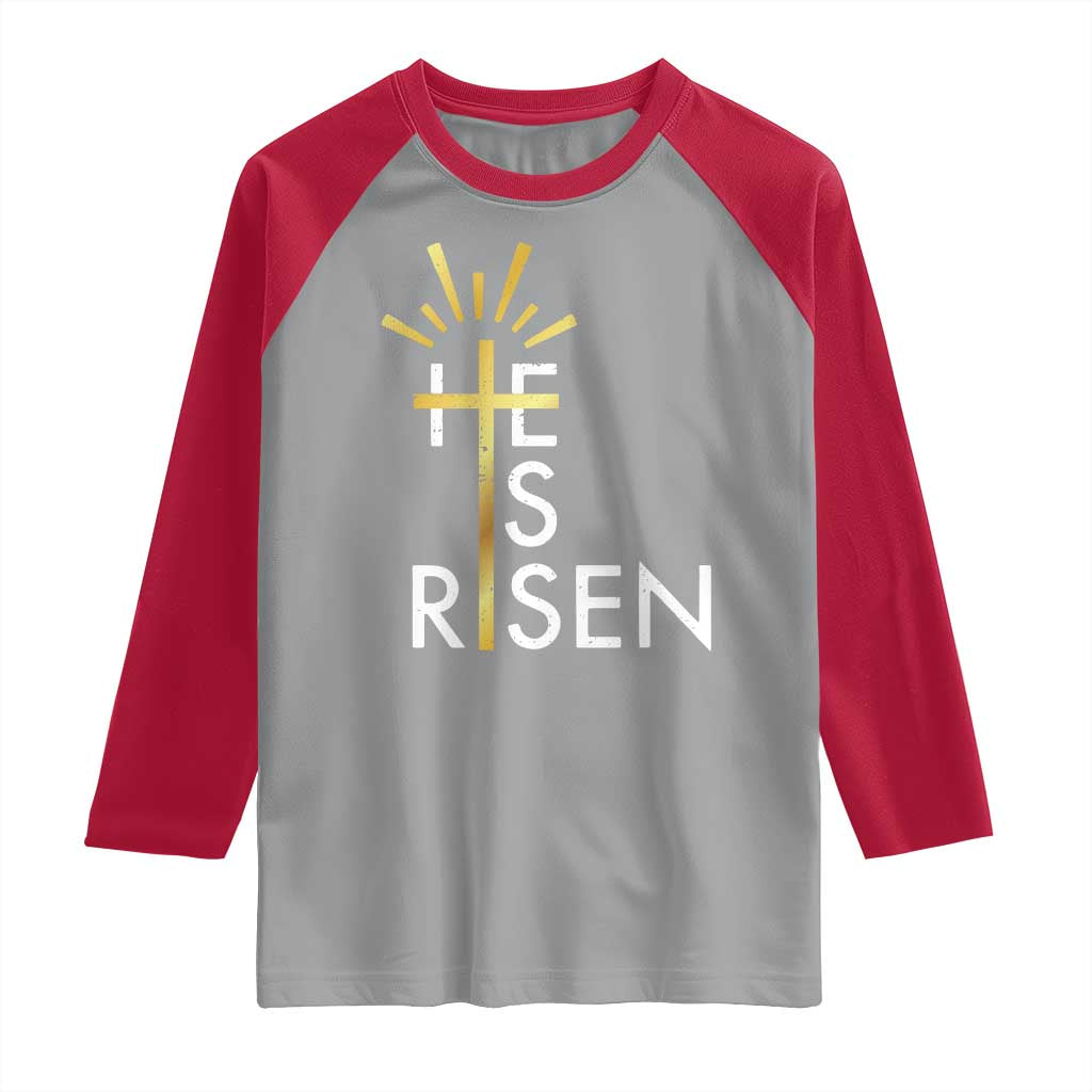 He Is Risen Raglan Shirt Christian Easter Day Religious Bible Verse Cross