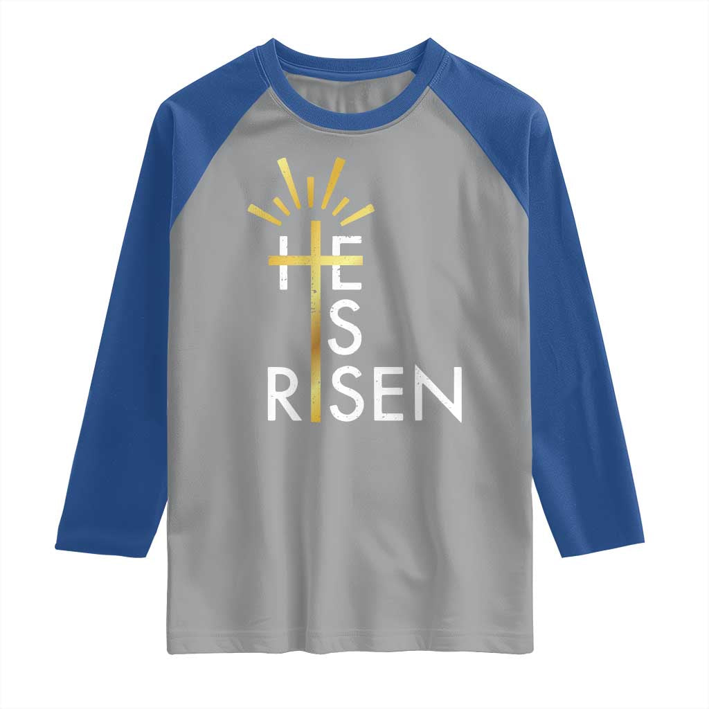 He Is Risen Raglan Shirt Christian Easter Day Religious Bible Verse Cross