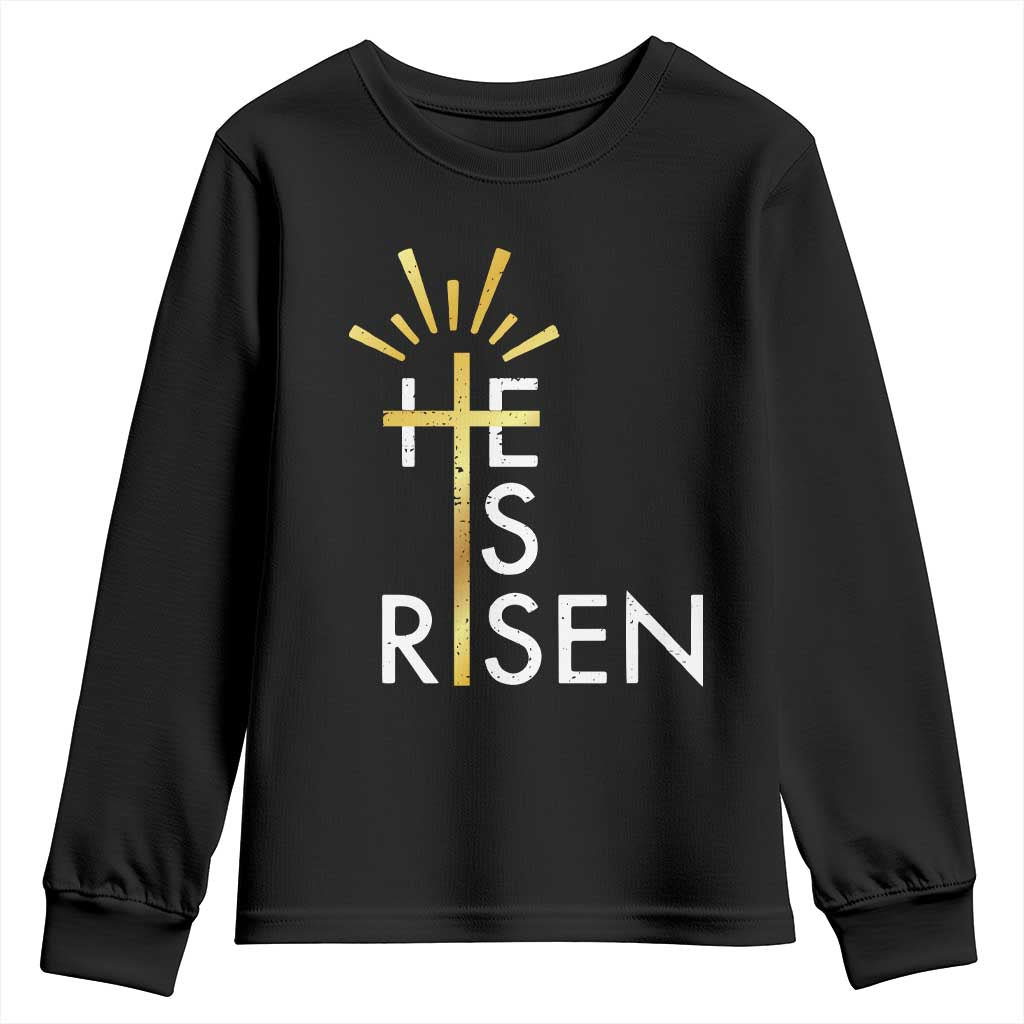 He Is Risen Youth Sweatshirt Christian Easter Day Religious Bible Verse Cross